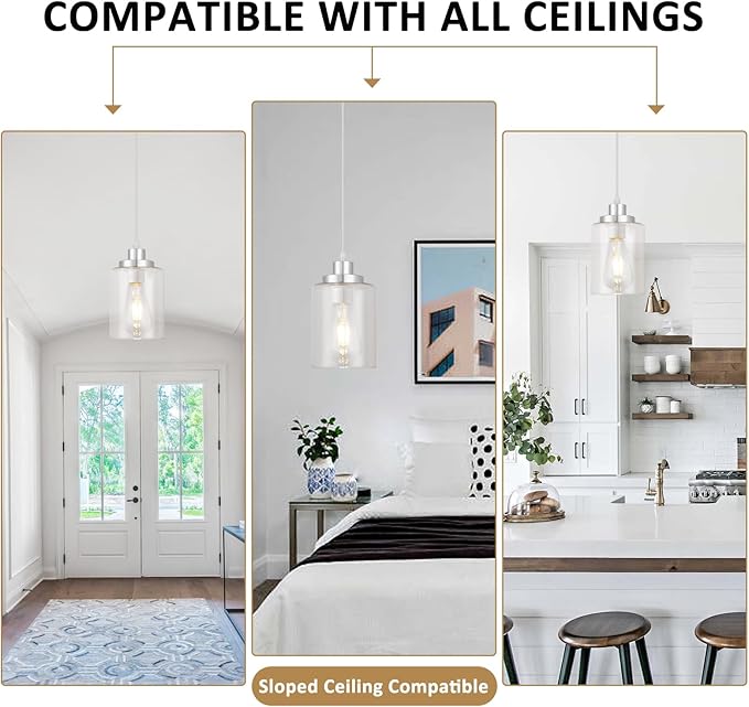 WimiSom Industrial Pendant Lighting, Modern Clear Glass Shade Pendant Lights, Adjustable Hanging Light Fixtures, Farmhouse Pendant Lighting for Kitchen Island Living Room Bedroom Hallway 3-Pack