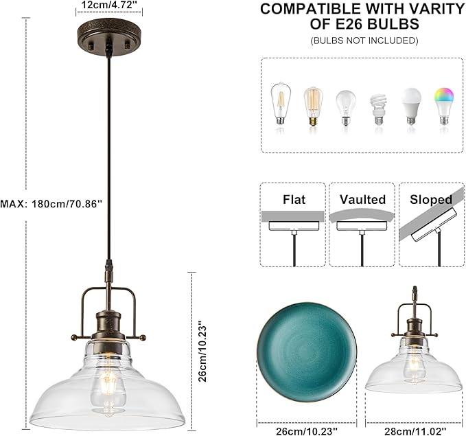 WILON Pendant Lights Kitchen Island Lighting, 11" Rust-Coloured Farmhouse Hanging Light Fixture, Kitchen Pendant Lighting Over Island Clear Glass Shade for Dining Hallway Entryway Bar