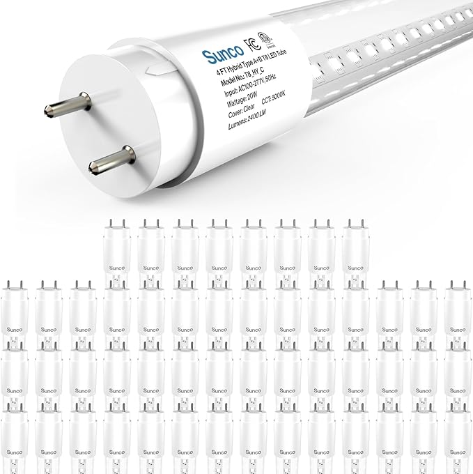 Sunco 50 Pack T8 LED Bulbs 4 Foot, 48 Inch Tube Light Bulbs Fluorescent Replacement, Single or Double Ended Hybrid Type A+B, 2400 LM, 20W, 5000K Daylight, Clear Lens ETL.