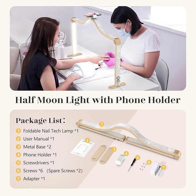 Yokilly Arc Half Moon Light: 34" Shadow-Free Half Moon Light for Desk Salon - Foldable LED Desk Lamp with Stepless Brightness for Manicurist (Gold)