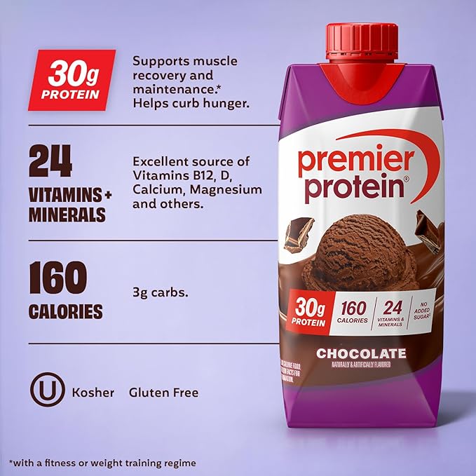 Premier Protein Shake, Chocolate, 30g Protein, No Added Sugar, 24 Vitamins & Minerals to Support Immune Health, 11 fl oz, 12 Pack