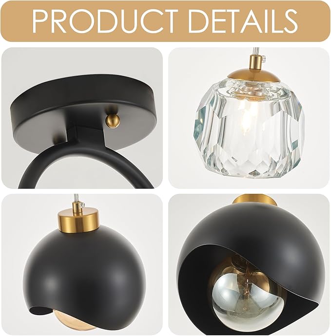 2 - Light Modern Pendant Light with Crystal Accent, Black Pendant Light Hallway, Unique Hanging Light Fixture for Entryway Bedroom Kitchen Island