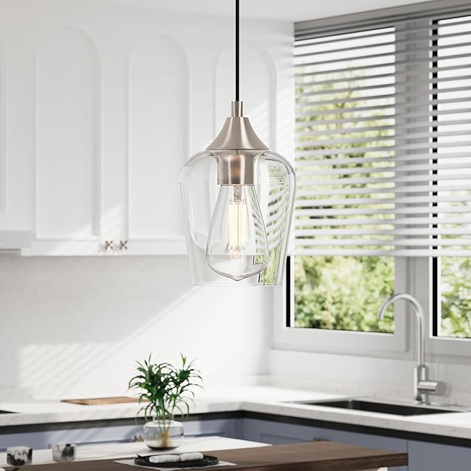 VONLUCE Pendant Lights Kitchen Island, Brushed Nickel Pendant Lighting for Kitchen Island with Hanging Cord for Bedroom & Hallway, Kitchen Island Lighting with Clear Glass Shade