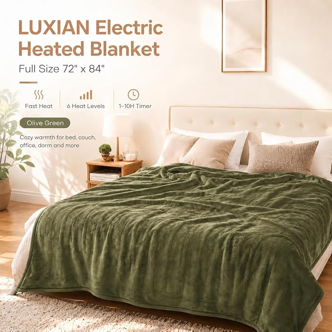 Electric Heated Blanket 72"x84" Full Size, Dual-Sided Flannel & Sherpa, 6 Heat Settings & 1-10H Auto Off, Soft Warm for Home, Office, Bed, Couch, Machine Washable, Ideal Winter Gift, Olive Green