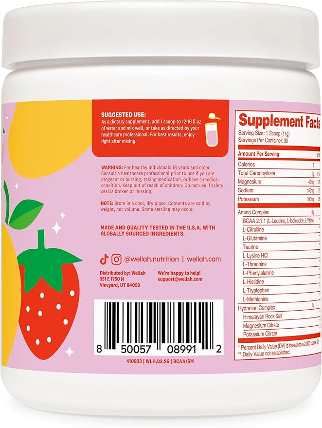 Wellah BCAAs (Strawberry Mango Flavored) 30 Servings - BCAA Powder with Hydration Complex