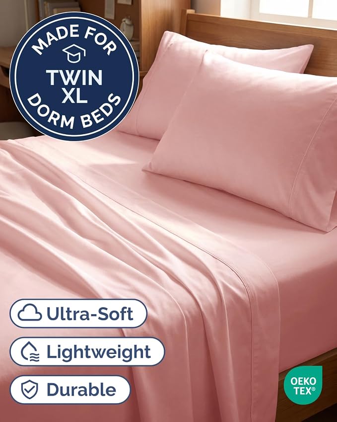 Twin XL 4 Piece Sheet Set - Comfy Breathable & Cooling - Ultra-Soft Hotel Luxury Bedding Set w/ 8-16 Inch Deep Pockets - 1 Flat & 1 Fitted Sheet & 2 Pillowcases - Wrinkle Free & Easy Care - Baby Pink