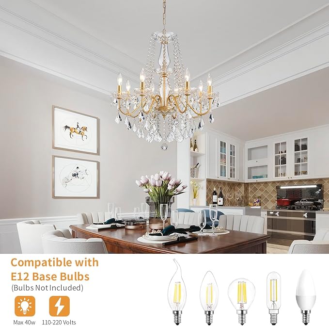 Gold Crystal Chandelier, 8-Light Crystal Chandeliers for Dining Room Light Fixture, Crystal Pendant Ceiling Light Modern Gold Lighting Fixture for Living Room Hallway Foyer Bedroom Kitchen Bathroom
