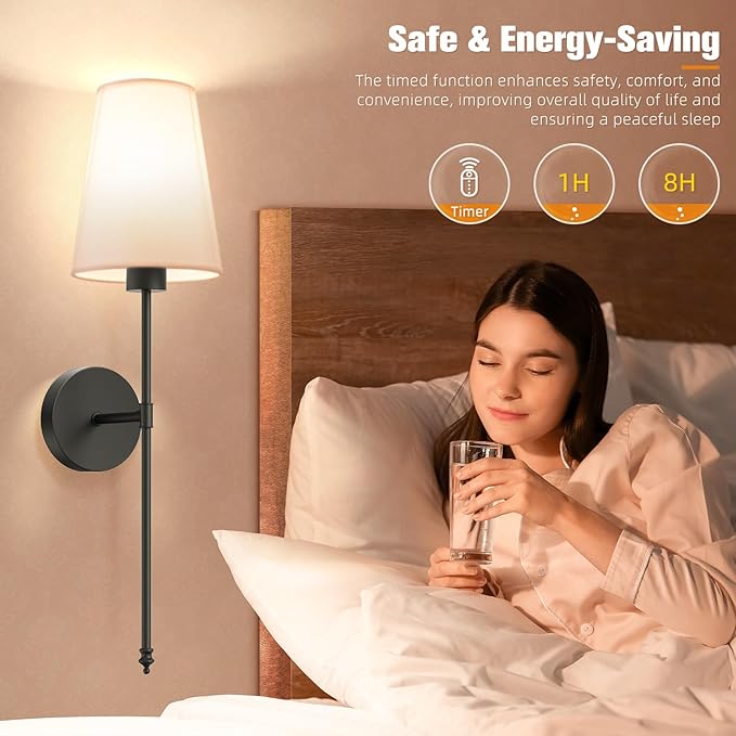 NIORSUN 25.4 inch Battery Operated Wall Sconce Set of 2,Black Rechargeable Wall Lights with 10400mAh Dimmable Detachable Bulbs and Remote,9 Colors Wireless Sconces for Bedroom Living Room Hallway