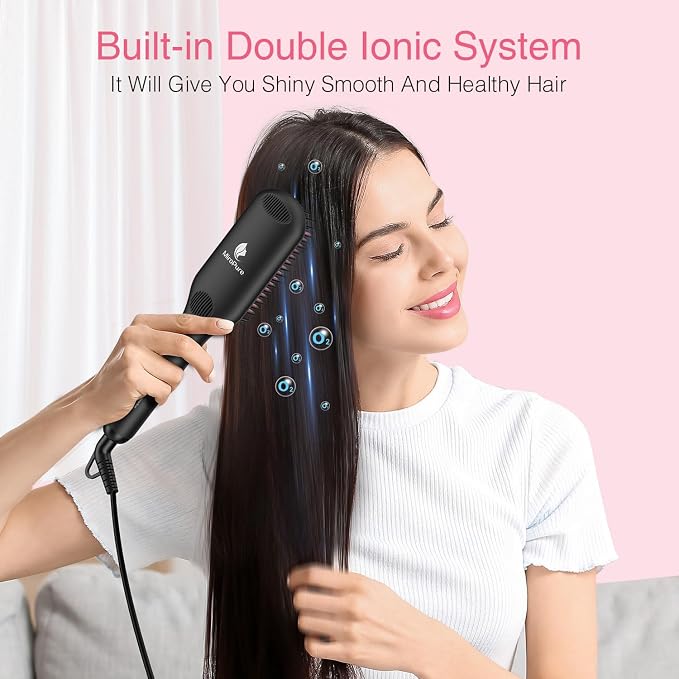 Enhanced Ceramic Hair Straightener Brush by MiroPure, 2-in-1 Ionic Straightening Brush with Anti-Scald Feature, Auto Temperature Lock & Auto-Off Function (Black)