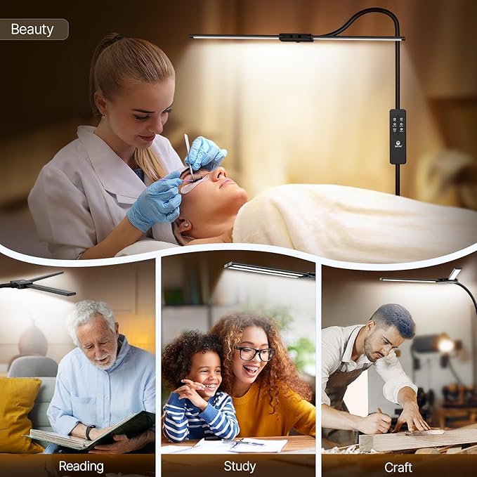 Syrinx LED Floor Lamp, 18W 2000LM Bright Reading Floor Lamp for Office, Gesture & Remote Control, Dual Head Goose-Neck Standing Lamp, Dimmable Brightness & Color Temp, Eye Caring Light for Living Room