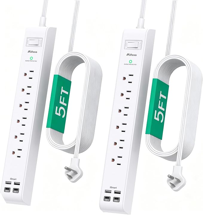 2 Pack Power Strip, Extension Cord 5FT, Surge Protector with 6 Outlets and 4 USB Ports (2 USB C), Flat Plug Overload Protection, Extension Cord with Multiple Outlets, Wall Mount for Home Dorm College