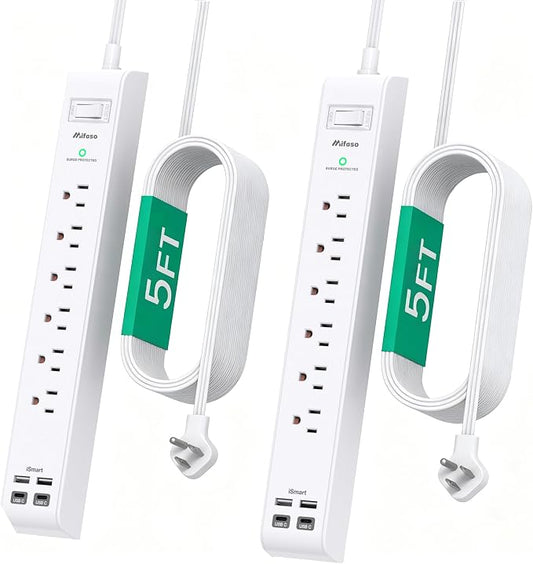 2 Pack Power Strip, Extension Cord 5FT, Surge Protector with 6 Outlets and 4 USB Ports (2 USB C), Flat Plug Overload Protection, Extension Cord with Multiple Outlets, Wall Mount for Home Dorm College