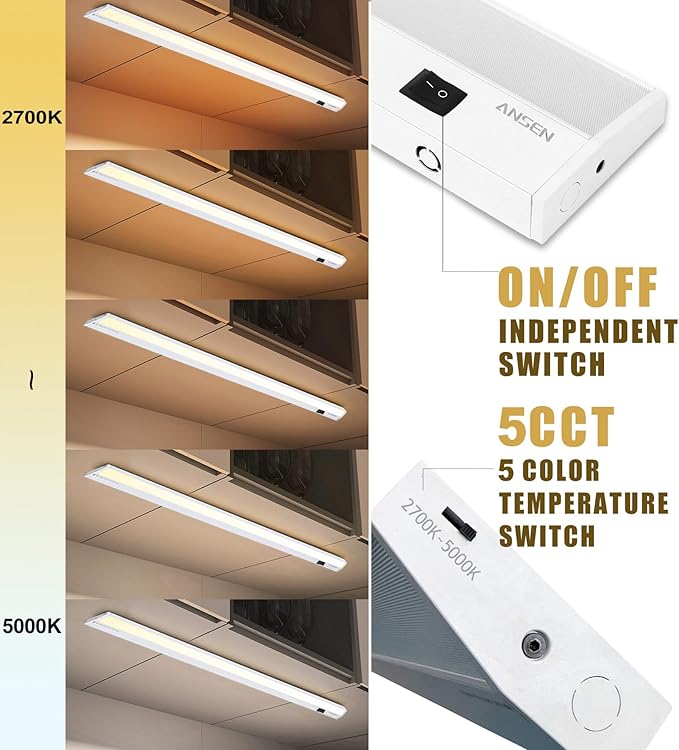 Ansen Hardwired Under Cabinet Lighting, 36in 22W LED Light for Kitchen/Closet, 1426lm, CRI>92, R9>90, Dimmable, 5 Color Temperature, 2700K-5000K(Warm White, Cool White, Daylight)