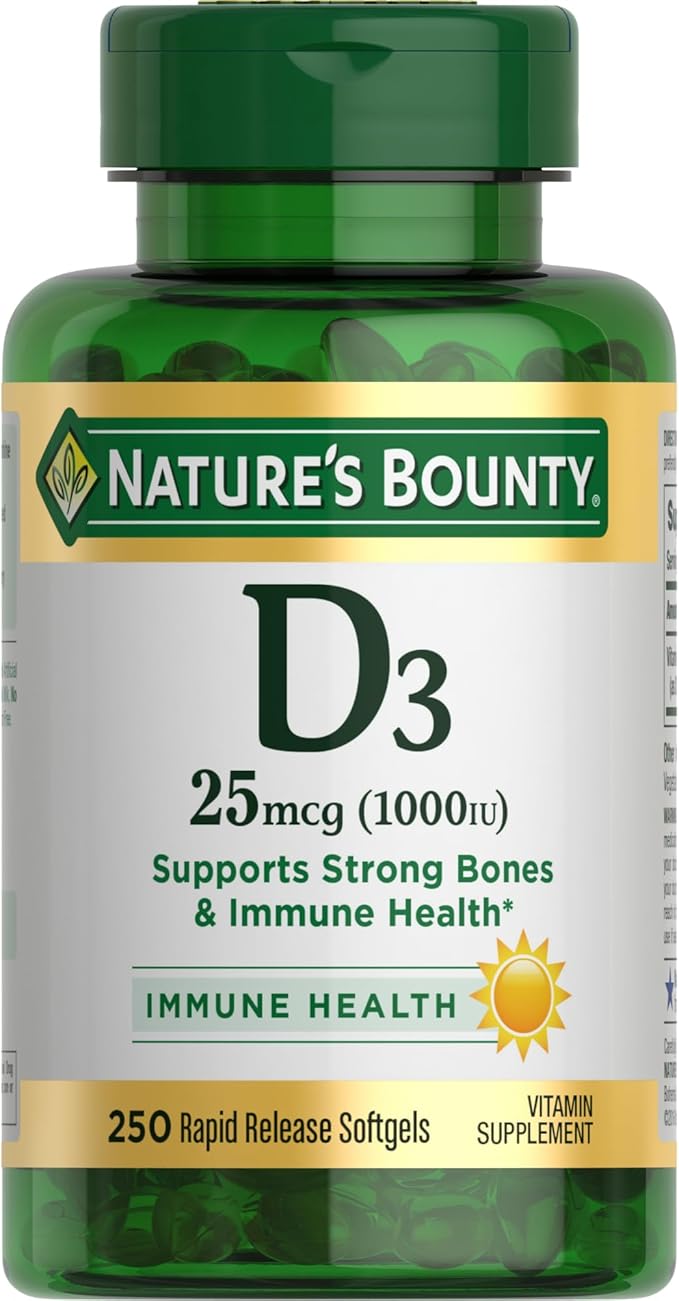 Nature's Bounty Vitamine D3 1000 UI, Soutien immunitaire, Aide à maintenir des os sains, 250 gélules à libération rapide