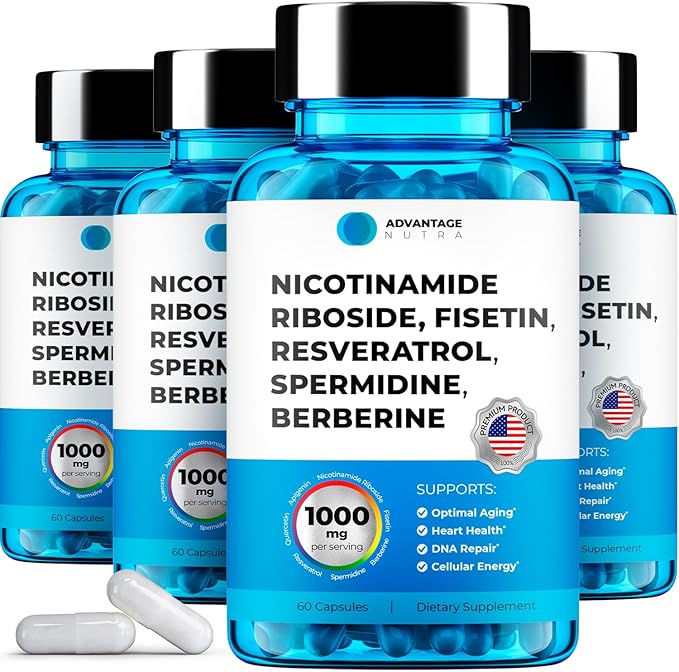Supplément Liposomal Nicotinamide Riboside NR Resvératrol NAD : Nicotinamide 500mg avec Fisetine, Poudre de Resvératrol Spermidine Berbérine Supplément NAD Resvératrol 500 mg - 60 gélules Lot de 4