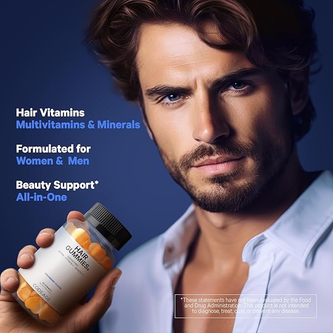 Codeage Hair Gummies, Biotine 5000 mcg, Vitamines gommes sans sucre pour la croissance A, C, B6, B12, D3, Zinc, Inositol, Femmes et Hommes, Acide pantothénique et folique, Ongles, Peau, Saveur Fraise Noix de coco, 60 gommes
