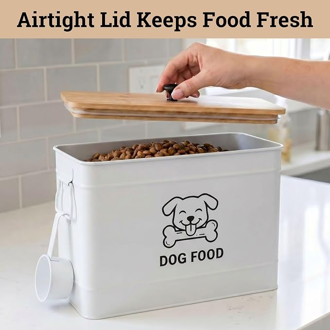 Dog Food Container Airtight 15 lb (50 Cup) Capacity with Metal Scoop - Cute Airtight Dog Food Storage Container with Bamboo Lid - White Metal Kibble Storage Bin for Dogs up to 100 lbs - Big Pet Jar
