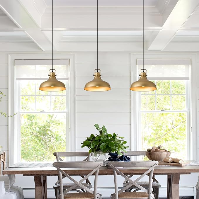 Gold Farmhouse Pendant Lights Matte Pendant Lighting for Kitchen Island Industrial Adjustable Height Vintage Dome Hanging Light Fixtures for Barn, Dining Room 3 Packs