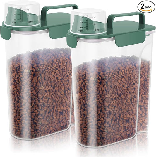 LEAWALK 5-7lbs Cat Dog Storage Container Portable with Upgraded Large Spout and Cup, Plastic Pet Food Dispenser BPA-Free for Small Animal Kibble, Bird Seed, Oatmeal, Rice, Flour-2Pack Dark Green