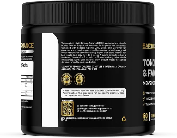 Earth Elixir LJ100 Tongkat Ali & Fadogia Agrestis for Men – Natural Testosterone Supplement - Made in USA & 3rd Party Tested for Strength, Energy & Vitality - Clinically Studied Tongkat Ali LJ100