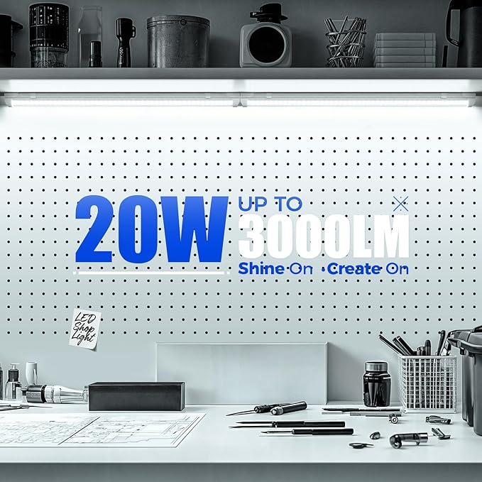 Barrina 6500K 2FT LED Shop Light, 3000LM, 20W, T8 Shop Lights for Garage, Workbench, Cabinet, Workshop, Room, LED Tube Light, Linkable Ceiling Lights Fixture with Built-in ON/Off Switch, ETL, 4 Packs