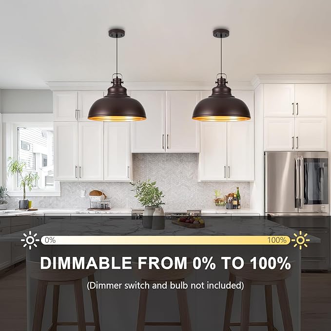 Refice 16 Inch Farmhouse Pendant Lights Kitchen Island Oil Rubbed Bronze Pendant Lighting Industrial Dome Island Pendant Lights, Adjustable Height, Hanging Lights, Dining Room, Barn