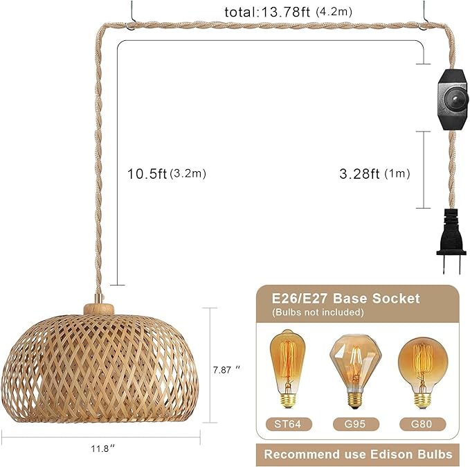 Bamboo Plug in Pendant Light with 14ft Handmade Woven Light Cord, Dimmable Switch, Boho Basket Hanging Lamp for Bedroom Kitchen Island Decor Farmhouse Living Room