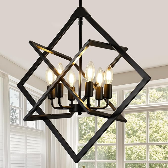 24" Modern Black Chandelier for Dining Room, No Assembly Required 6-Light Dining Room Light Fixture Over Table, Industrial Metal Hanging Pendant Lights Fixture for Kitchen Island, Entryway, Foyer