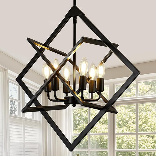 24" Modern Black Chandelier for Dining Room, No Assembly Required 6-Light Dining Room Light Fixture Over Table, Industrial Metal Hanging Pendant Lights Fixture for Kitchen Island, Entryway, Foyer