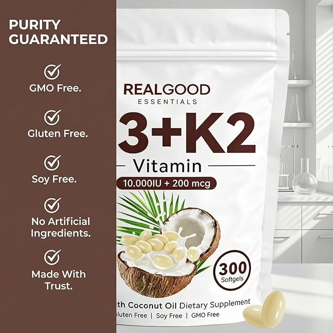 Real Good Essentials Vitamin D3 K2, D3 K2 Vitamin 10000 Iu, Extra Strength 2-In-1 D&K Complex with Virgin Coconut Oil, Free Of Gmo, Gluten, Soy, Bone Health, Supports Calcium Absorption, 300 Softgels