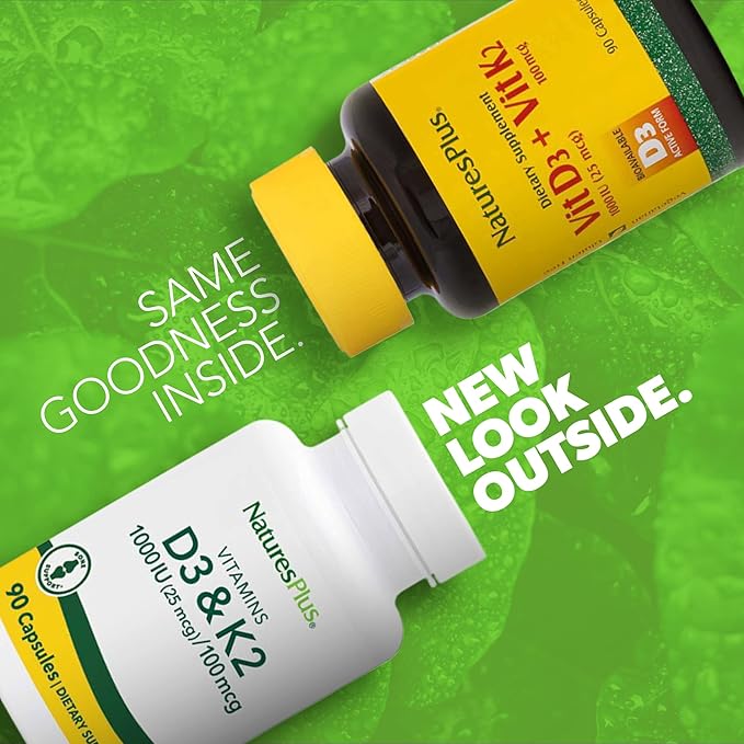 NaturesPlus Vitamines D3 (1000 UI) & K2 (100 mcg) - Végétarien, Sans Gluten - 90 Gélules, 90 Portions