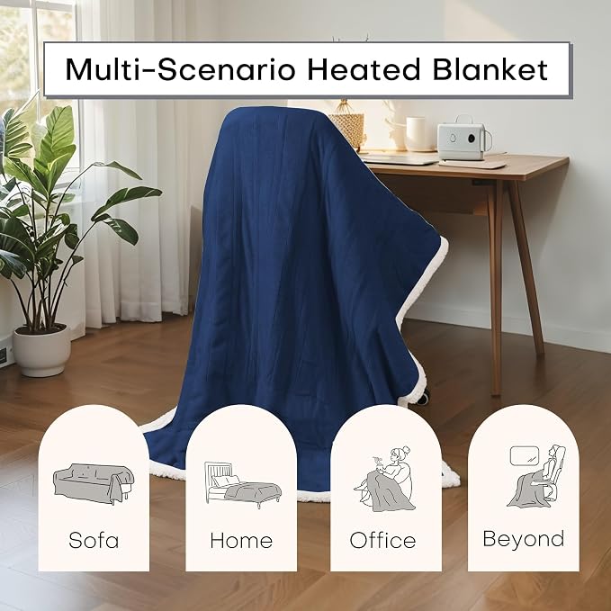 Electric Heated Blanket 72"x84" Full Size for Safe All Night Rest, Dual-Sided Microplush Sherpa for Bedroom Couch Use, 4 Heat Settings & 10 Hours Auto Off Energy Saving, Machine Washable-Dark Blue