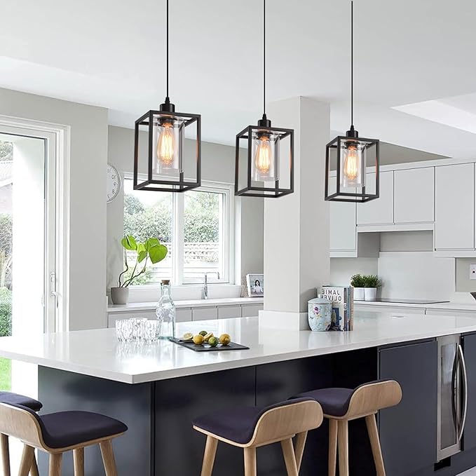 Black Pendant Lights for Kitchen Island Industrial Lantern Pendant Light Fixtures with Clear Glass Shade, Farmhouse Adjustable Height Hanging Pendant Lighting