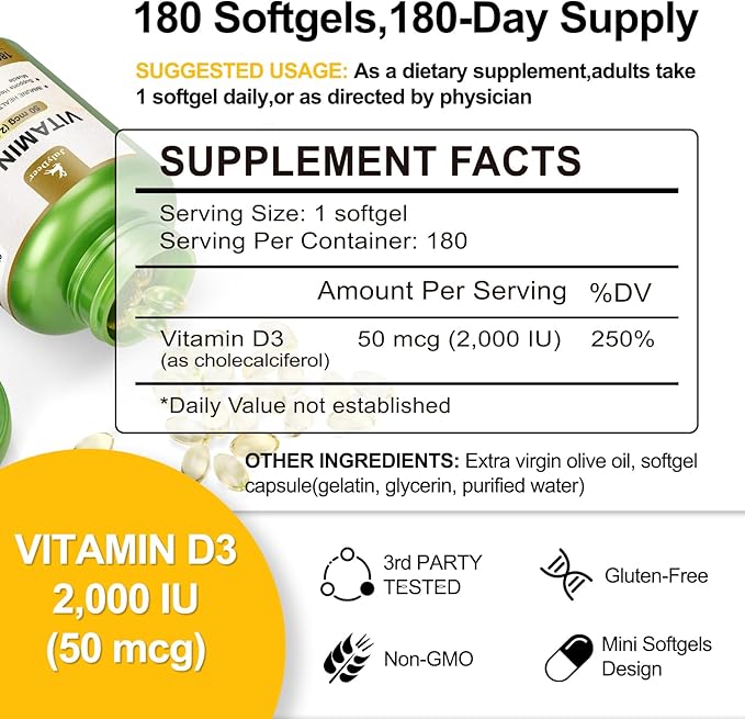 Vitamine D3 2000 UI (50 mcg) 180 gélules | Soutient la santé immunitaire, l'absorption du calcium et la solidité des os | Essentielle pour des os sains, sans gluten, 1 portion par jour pour la santé quotidienne
