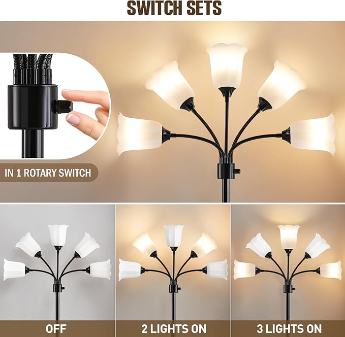 GyroVu Medusa LED Floor Lamp, Multi Head Modern Tall Lamp with Adjustable Gooseneck Standing Lamps for Living Room Bedroom Kids Room Office 5 White Lampshades Bulb Not Included(Black)