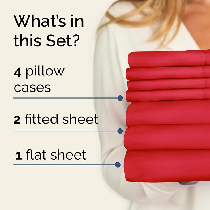 Split King 7 Piece Sheet Set - Comfy Breathable & Cooling - Ultra-Soft Hotel Luxury Bedding Set with 8-16 Inch Deep Pockets - 1 Flat & 2 Fitted Sheet & 4 Pillowcases - Wrinkle Free & Easy Care - Red
