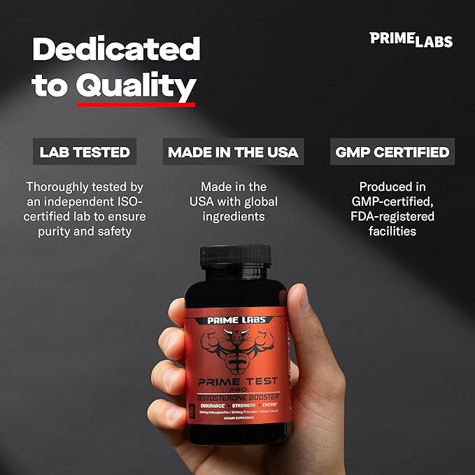 Prime Labs Prime Test Pro - Testosterone Supplement for Men - Test, Vitality, & Energy Booster - with Ashwagandha, PrimaVie Shilajit Extract, & DIM - 120 Capsules