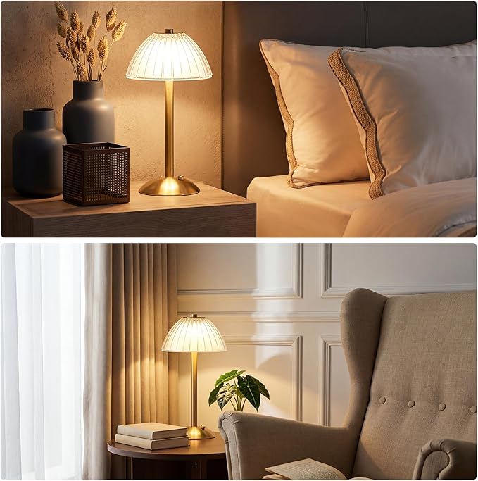 Liliful 4 Pcs Cordless Table Lamp Rechargeable Touch LED Small Gold Portable Battery Operated USB-c Desk Lamp 3 Color Dimmable for Bedroom Living Room Dining (Gold,Mushroom Style)