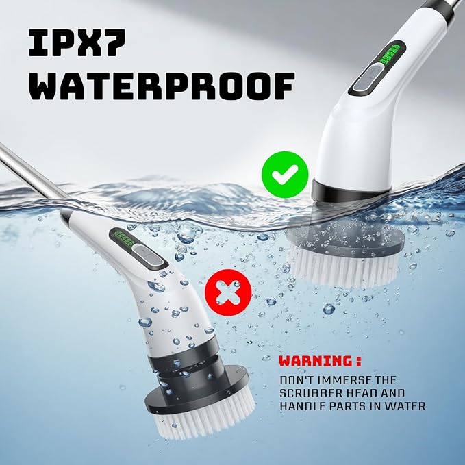 Highyes Electric Spin Scrubber for Bathroom | IPX7 Waterproof Shower Scrubber with Extendable Long Handle，Bathroom Cleaning Scrubber with 7 Reusable Brush Heads
