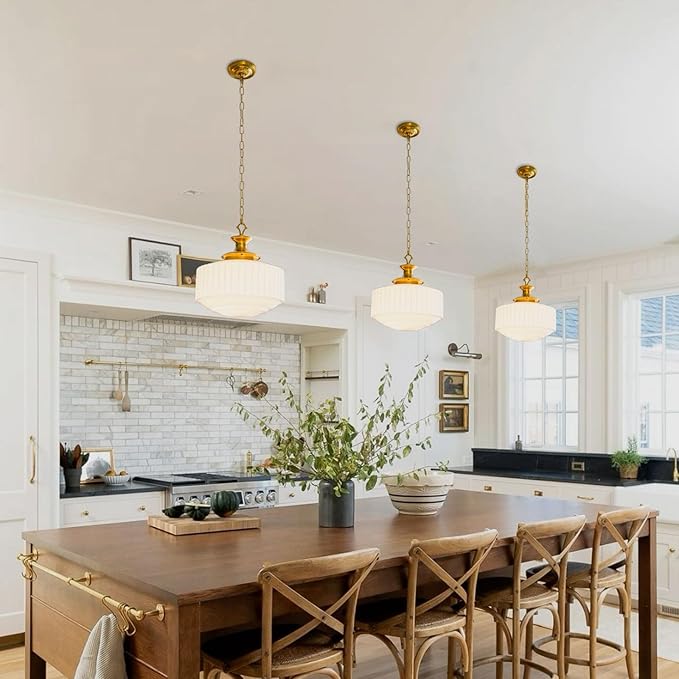 Vintage Brass Milk Glass Pendant Light Fixture, 13.8" White Pleated Glass Chandelier, Antique Pendant Lights, for Kitchen Island Lighting, Hallway, Bedroom, Dining Room, Foyer, E26 Bulb Included