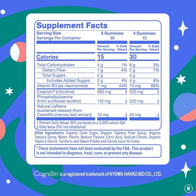 Gummies FIRST DAY pour le cerveau des femmes, pour la concentration, la mémoire et la clarté | Cognizin® Citicoline + Phosphatidylsérine | Énergie naturelle durable, saveur pêche, végétalien, sans OGM | 30 jours de traitement