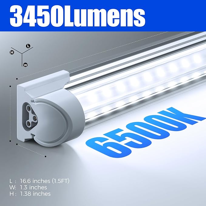 Barrina 6500K 1.5FT LED Shop Light, 3450LM, 25W, T8 Under Cabinet Lighting, Workbench, Workshop, Room, Kitchen, LED Tube Lights, Linkable Light Fixture with Built-in ON/Off Switch, ETL, 2 Packs