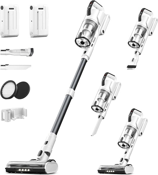 Klarpul Cordless Vacuum Cleaner, 2 Batteries 140 Mins Runtime 600W 50Kpa Stick Vacuum Cordless, Self-Standing Vacuum Cleaners for Home with 2.5H Fast Charging, for Floor/Carpet/Pet Hair, White