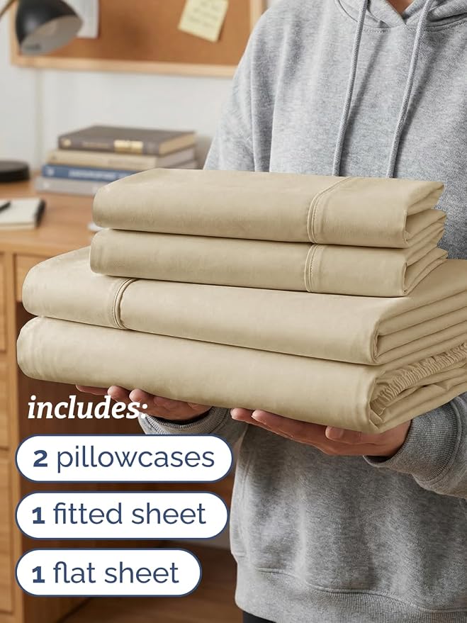 Twin XL 4 Piece Sheet Set - Comfy Breathable & Cooling - Ultra Soft Hotel Luxury Bedding Set w/ 8-16 Inch Deep Pockets - 1 Flat & 1 Fitted Sheet & 2 Pillowcases - Wrinkle Free and Easy Care - Beige