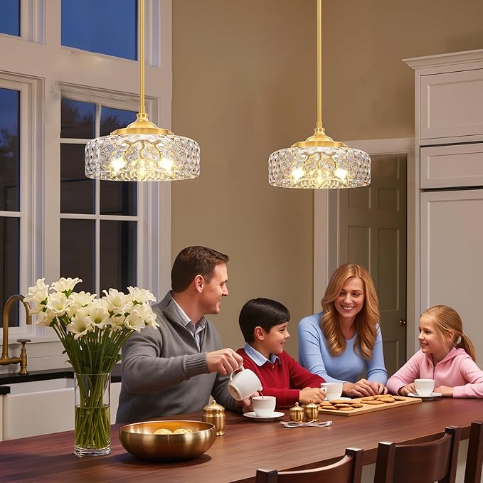 Vintage Pendant Light, Brushed Gold Pendant Lights Kitchen Island with Hammered Glass Shade, Hanging Ceiling Penant Lighting Fixtures with Adjustable Rods for Bathroom, Dining Room, Entryway, E12*3