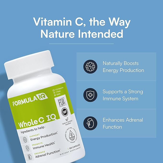 FIQ Formula IQ - Whole C IQ - Natural Vitamin C Supplements with Amla Fruit Extract - Iron, Energy, & Immune Support from Whole Food Sources - High Absorption Vitamin C Capsules - 90 Capsules