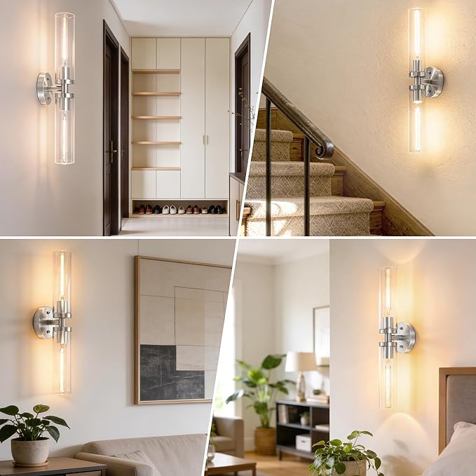 Wall Sconces 2-Pack, Hardwired Bathroom Light Fixtures, Modern Farmhouse Vanity Wall Lighting with Clear Glass Shades, E26 Base Wall Sconce Wall Lights for Bathroom Wall Decor, Brushed Nickel