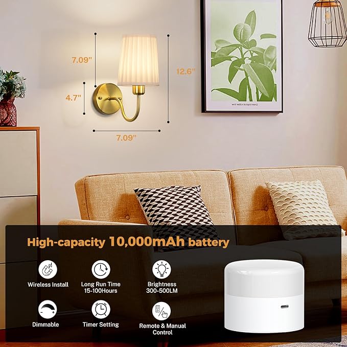Battery Operated Wall Sconce Set of Two, Wireless Wall Sconces with 10000mAh Dimming Magnetic Bulb, Rechargeable Wall Sconce with Pleated Fabric for Bedroom Living Room Gallery Hallway, Gold
