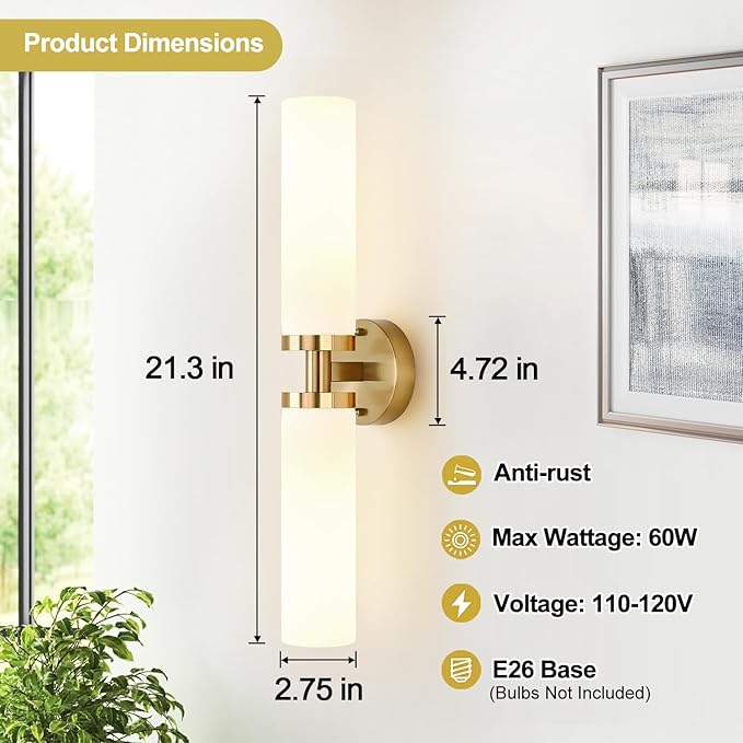 Wall Sconces Set of Two, Hardwired Brushed Gold Bathroom Sconces Wall Lighting with Milky White Glass, Modern Sconces Wall Decor Set of 2 Bathroom Light Fixtures for Mirror Living Room Hallway Bedroom