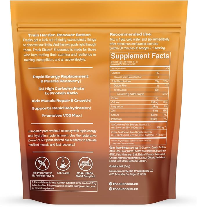 Freak Shake Post-Workout Drink Mix for Endurance Training | Jumpstart Recovery & Adaptation with Epicatechin & Quercetin | Carbs, Electrolytes & Protein | Chocolate (20 Servings)